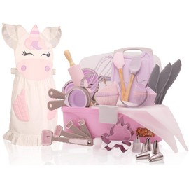 Baker Buddy Unicorn Kids Real Baking Set with Storage case, Real Working Utensils, Cookie Cutters, and Baking Supplies, Beautiful Unicorn Apron for Kids.