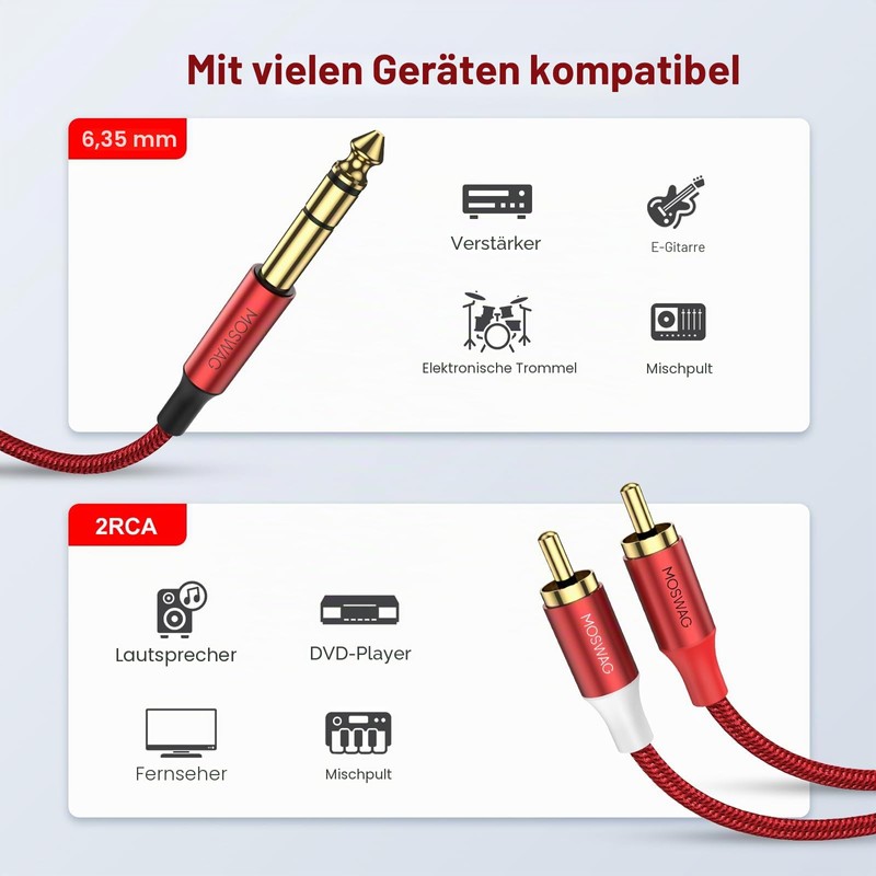 MOSWAG 6.3 mm Jack to RCA Cable, RCA Audio Cable