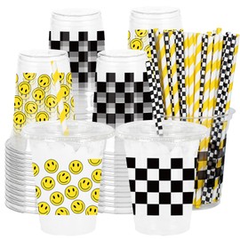 FYSUIMU 120Pcs One Happy Dude Plastic Cups with Lids Straws Smile Face Checkered Drinking Cup 12oz Yellow Black Disposable Cups for Birthday Baby Shower Supplies