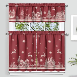 Christmas Kitchen Curtains and Valances Set of 3,Red Christmas Elk Snowflake Christmas Kitchen Decor, Winter Xmas Curtains and Valances Short Curtain Set for Kitchen Bedroom Holiday Decor 36 Inch