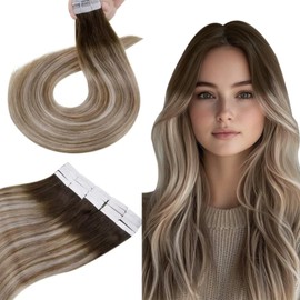 Hetto Tape in Hair Extensions Human Hair Brown Blonde Tape in Hair Extensions for Women Real Human Hair Dark Brown Ombre Light Brown Balayage Blonde Human Hair Extensions Tape in 14inch 50g 20pcs