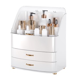 Plukers Makeup Organizer Countertop Vanity with Transparent Lid Drawers Waterproof Dustproof Cosmetic Skincare Bathroom Storage Gift for Women Teens Girls (Whtie)