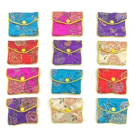 Bestac 12 Pcs Jewelry Silk Purse Pouch Chinese Brocade Embroidered Bags, Multiple Colors, Coin Container Pocket (Small)