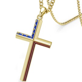DOTBJ 925 Sterling Silver Gold Cross Pendant Necklace for Men Women with Stainless Steel Cuban Chain 22"+2" (American Flag)