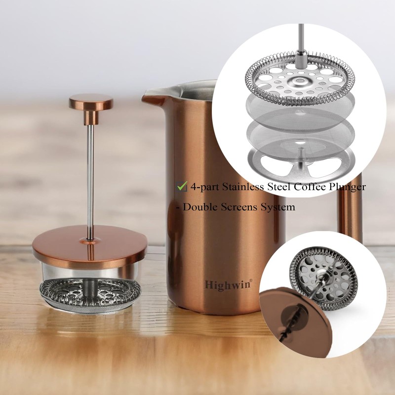 Highwin 8-Cup Double Wall Insulated Stainless Steel French Coffee Press,