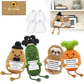 RSZBUMY Emotional Support Crochet Set Positive Pickle Crochet Potato Animals Vegetables with Note,Cute Easter Gifts for Women Coworker Friends, Emotional Support Pack for Decor Desk Home Office(4PCS)