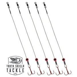 Tooth Shield Tackle Fish Eye Ice Fishing Tip Up Leader Rig (90 lb) Ice Fishing Sucker Walleye Pike Musky Predator Rig (5 Pack) (Camo/Red Fish Eye) (VMC # 4)