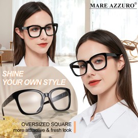 MARE AZZURO Large Square Reading Glasses +6.0 Women Oversized Readers 1.00 1.25 1.50 1.75 2.00 2.25 2.50 2.75 3.00 3.50 4.00 5.00 6.00 (Black, 6.0)