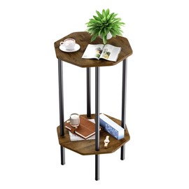 QLHousesuoH Side Table, Octagonal End Table for Small Spaces,Nightstand with 2 Storage Shelves,Small Table Stand for Bedroom, Living Room, Outdoor Balcony(Brown)