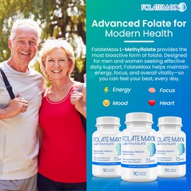 FOLATE MAXX L Methylfolate 7.5mg – Methylfolate Supplement for Women & Men – High Potency Methylated Vitamin B9 5-MTHF for Energy, Mood & Focus – Non-GMO, Gluten-Free, 90 Capsules (3-Month Supply)