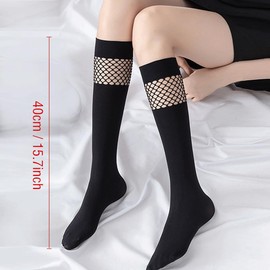 MANJIAMEI Mesh Knee High Socks, 2 Pairs Elastic Soft Velvet Thigh High Socks Breathable Splicing Fishnet Calf-Length Socks, Solid Color Casual Tube Tights Stockings Fashion Pop Socks for Women Girls