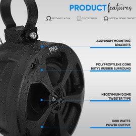 Pyle 2-Way Dual Waterproof Off-Road Speakers - 5.25 Inch 1000W Marine Grade Wake Tower Speakers System, Full Range Outdoor Audio Stereo Speaker for ATV, UTV, Quad, Jeep, Boat - Pyle PLUTV51BK,Black