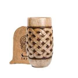 NORSE EMPIRE Wooden Beer Cup 16Oz (chainmail Pattern) 100% Handcrafted Beer Stein | Viking Mug for men | Beer accessories for men | Viking Gifts for Men | Includes Medieval Gift Sack | Giftable