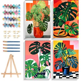 4 Pack Paint by Numbers kit for Adults with Frame and Wooden Easel, Plants Number Artist Paint by Number Kit, Monstera Paint by Numbers for Beginners Home Wall Decor Gift (8x12 inch)