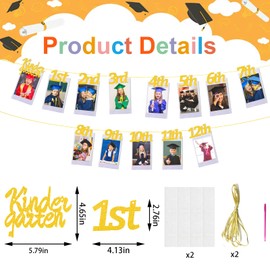 Threetols Class of 2024 Graduation Photo Banner, K-12 Grade Picture Garland Gold Glitter Grad Photo Props Decorations Party Supplies for High School 5th 8th Grad Graduation Party Supplies
