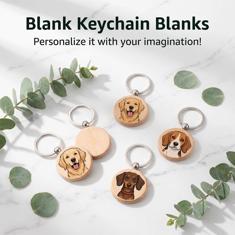 50 Pieces Wood Keychain Blanks, Unfinished Wooden Keychain Blanks for