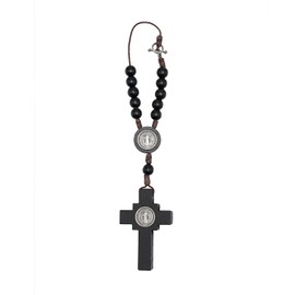 Car Rearview Mirror Rosary Decade Crucifix Ornament - Made in Brazil (St Benedict - Black)