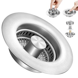 Upgraded 3 in 1 Kitchen Sink Drain Strainer&Sink Stopper,Stainless Steel Pop up Sink Drain Strainer,Anti-Clogging Basket Strainer,High Durability with Brass Core,Fit 3-1/2",Chrome