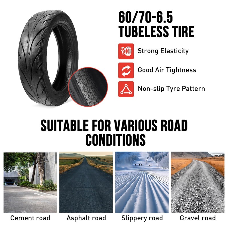60/70-6.5 Tubeless Tires,10 x2.50-6.5 Scooter Tire with Straight Nozzle Replacement