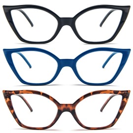 DXYXYO Cat Eye Reading Glasses for Women 2.5+, 3 Pack Anti Blue Light Computer Readers Stylish Retro with Spring Hinge, Black+blue+brown
