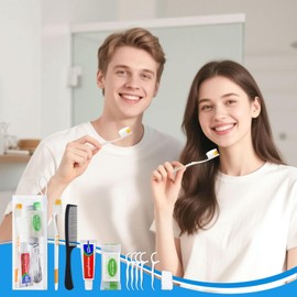 Personal Care Travel Toiletries Sets Bulk - Pack of 5,Disposable Toothbrushes with Toothpaste and Floss,Comb,Soap,Cover,Zip Bag 7-in-1 Travel Size Toiletry Kit for Hotel,Guest,Homeless,Charity,Church