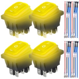 MKBKLLJY 4Pcs Yellow LED Light Illuminated Polarity Reverse Switch Waterproof Control 20A 12V DC DPDT 6Pin 3Position ON/OFF/ON Rocker Toggle Switch with Jumper Terminal Wires for Car Boat Truck