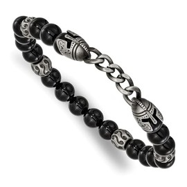 Auriga Fine Jewelry Stainless Steel Antiqued White Bronze-plated Knight Helmets 8mm Agate and Onyx Beaded Stretch Bracelet 7.75"