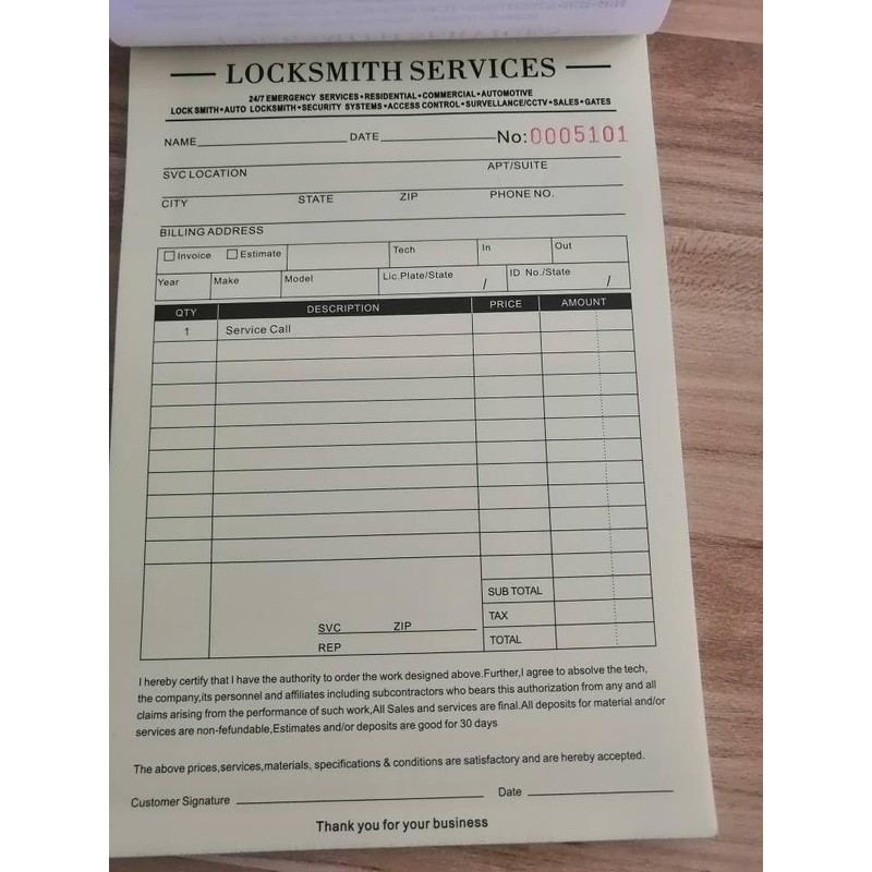 Locksmith Receipt Book: Locksmith Estimate, Invoice, Work Orders for Locksmiths,Locksmith