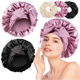 2+3 Satin Bonnet for Sleeping with Scrunchie, Satin Silk Bonnet for Sleeping Women, Silk Sleep Bonnets for Curly Hair Braid