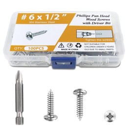 100PCS #6 x 1/2" Wood Screws, Pan Head Stainless Steel Sheet Metal Screws, Fast Self Tapping Screws for Deck Drywall Concrete Screws with Screwdriver Bit
