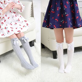 XPXGMT 5 Pack Bow Kids Girls Knee High Socks Frilly Baby Girls Long Socks 2-12 Years
