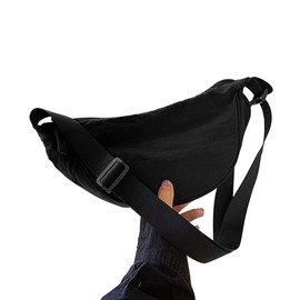 GiantGo Damen Half Moon Crossbody Shoulder Bag, Halbmond Crossbody Schultertasche - Einfarbige Nylon Halfmoon Bag mit Verstellbarem Schultergurt Adjustable Shoulder Strap - Schwarz