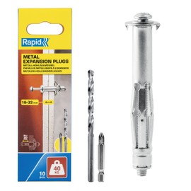 Rapid Hollow Wall Anchors, Pack of 10 Heavy Duty Metal Plasterboard Fixings for 18-32 mm Wall Thickness, 40 kg Load, Cavity Wall Fixings, Wall Plugs, Plasterboard & Chipboard Plugs (5001551)