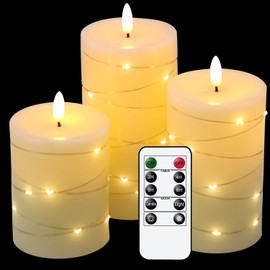 Eldnacele Flameless Flickering Candles with Embedded String Light, 3D Wick Battery Candles with Remote and Timer, Ivory Real Wax Pillar LED Candles Set of 3 (D3”x H4” 5” 6”) for Decoration