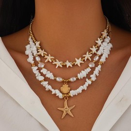 Jumwrit 3pcs Layered Choker Necklaces Boho Starfish Seashell Pendant Golden Beaded Chain Necklace Dainty Handmade Chips Pearl Necklace Beach Accessories for Women