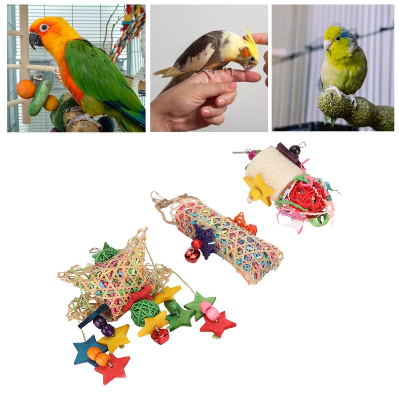 3pcs Parrot Shredding Chew Toy Bamboo Net Rattan Loofah Bird