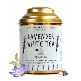 Sancha Tea Boutique, Lavender White Tea Bags, Pyramid Tea Bags (Pack of 25), Pure Tea Buds Blended with Real Lavender Flowers, Relaxing Tea, Silver Needles White Tea