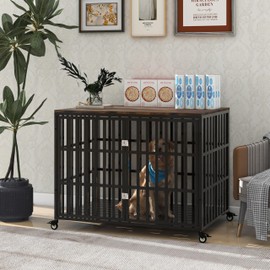 Heavy Duty Dog Crate Furniture for Medium Large Dogs, Decorative Pet House Wooden Cage Kennel Indoor with Four Lockable Wheels, 42''/ Black