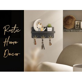 Rebee Vision Decorative Key and Mail Holder for Wall: Farmhouse Mail Organizer with Floating Shelf and 3 Anchor Key Hooks - Rustic Key Hanger for Farmhouse Entryway Decor (Modern Black)