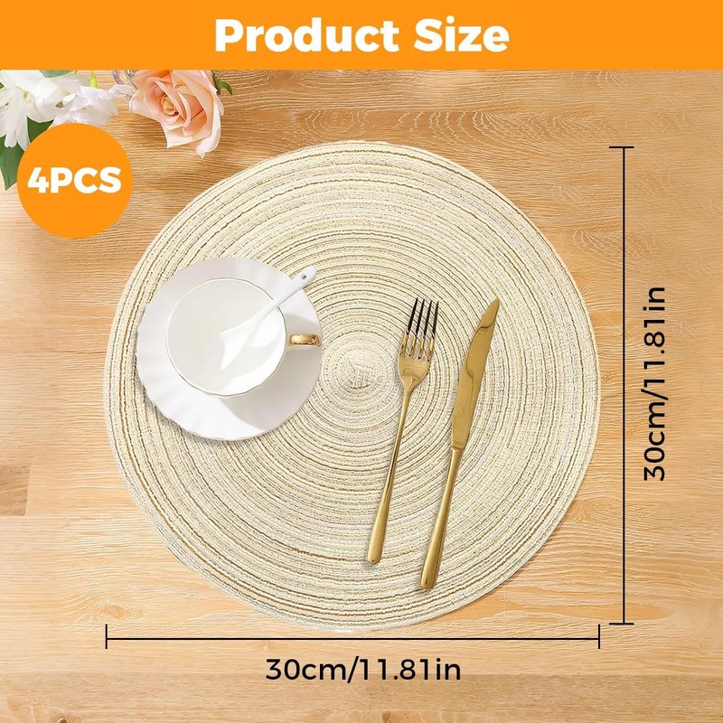 4Pcs Round Braided Woven Place Mats, 30 x 30cm Round
