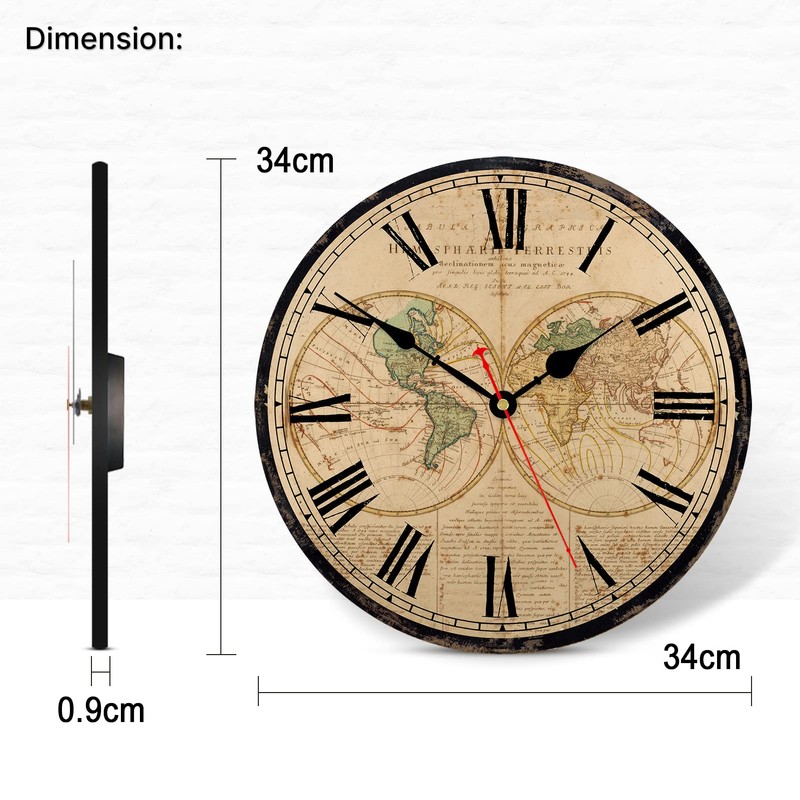 TAHEAT World Map Wall Clock, Large Classic Wooden Clocks, Quiet