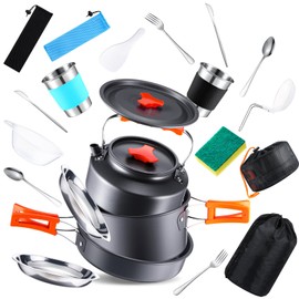 Soulchen 25 Pcs Camping Cookware Mess Kit Camping Pots and Pans Set with 2 Set Stainless Steel Cups Plates Forks Knives Spoons for Camping, Backpacking, Outdoor Cooking and Picnic