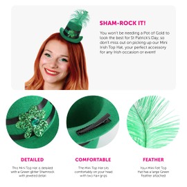 I LOVE FANCY DRESS LTD Mini Irish Hat With Feather - Green Fascinator Hat With Clover and Ribbon Decorations Plus Large Green Feather - Perfect Saint Patricks Day Costume Accessory - Pack Of 2
