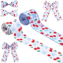 Cherry Bow Wired Edge Ribbons Blue 2 Rolls 10 Yards for Wrapping Gifts Fruit Cherry Bow Ribbon for Cherry On Top Birthday Baby Shower Party Supply DIY Craft Wreath Bows Decorative Ribbon