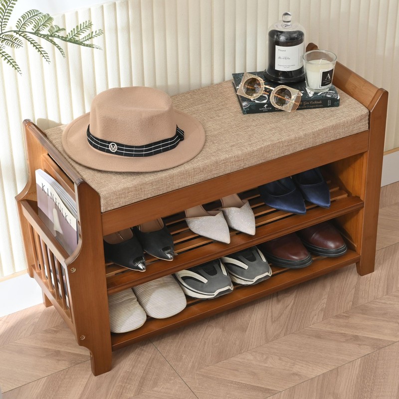 PETKABOO 2 Tier Shoe Bench, Bamboo Shoe Rack Bench, Shoe