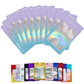 100 Pieces Pink Fade Blue Resealable Mylar Holographic Bags Food Storage Smell Proof Bags with Front Window Packaging Pouch for Cookies Sample Jewelry Snack,4.73 * 7.88 inches