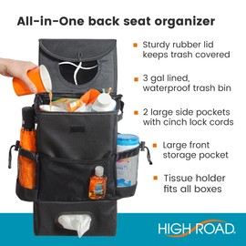 High Road StashAway Large Car Trash Can for Back Seat - Car Garbage Bag With Tissue Holder and Bottle Pockets - Seatback Organizer With 3 Gal Trash Can With Lid for Vans, SUVs and Trucks