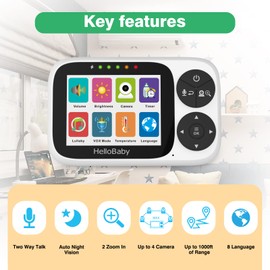 HelloBaby Video Baby Monitor with Camera and Audio, 3.2" IPS Screen Baby Camera Monitor No WiFi Night Vision VOX Temperature Display Pan-Tilt-Zoom 2 Way Talk Lullaby Feeding Alarm and 1000ft Range