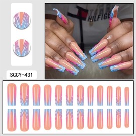 Square Press On Nails Long Fake Nails Gradient With 3D Water Ripple Design French Tip False Nails Acrylic Full Cover Stick On Nails Artificial Reusable Glossy Glue On Nails For Women Manicure 24pcs