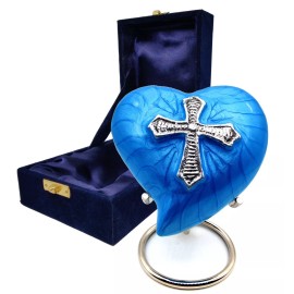 BLUE Decorative Religious Cross HeartUrns for Women \ Men Handcrafted Keepsake